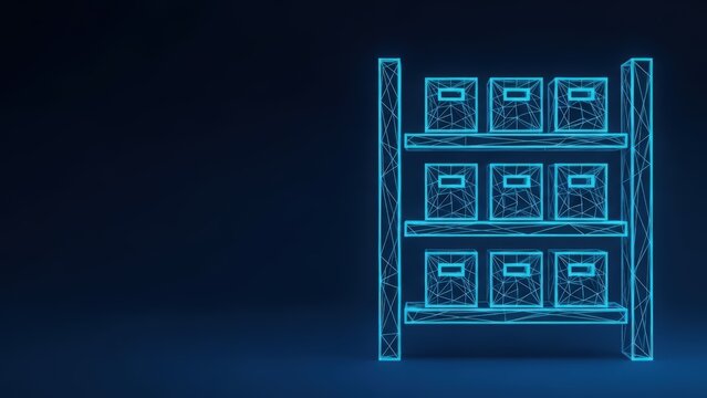 Digital warehouse shelving filled with glowing blue inventory boxes illustrating a futuristic logistics and supply chain system on a dark background