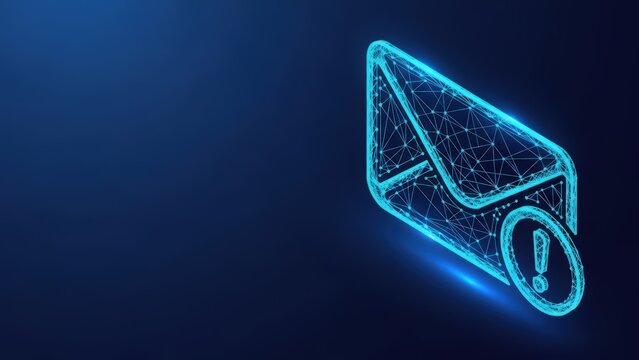 Digital wireframe envelope glowing with blue light representing email communication and futuristic technology against a dark blue background