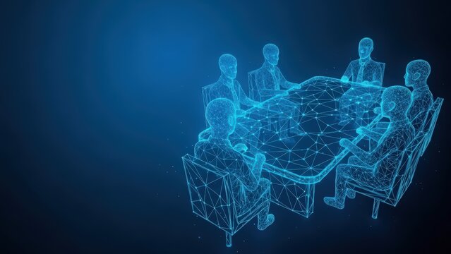 Digital wireframe figures of a business team collaborating around a conference table in a futuristic blue setting