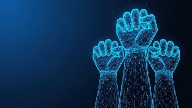 Digital wireframe fists glowing with blue light represent power and unity in a dark abstract technological background