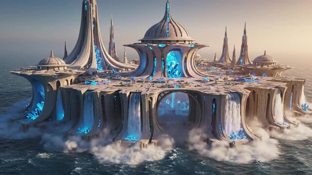 Majestic white palace on the ocean with blue crystals. Ideal for fantasy movies, game environments, or sci-fi concepts.