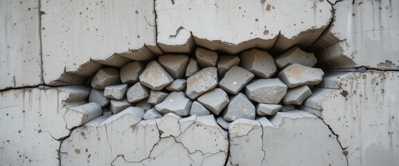 Cracked concrete reveals a heap of pale stones in the walls void