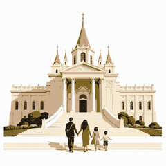 Obraz premium Family Approaches Majestic Historic Building with Ornate Spires and Grand Staircase in Bright Daylight