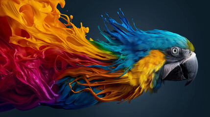 Obraz premium Flying Blue-and-Gold Macaw with Rainbow Paint Splash Trail on Dark Teal Background, Dynamic Banner