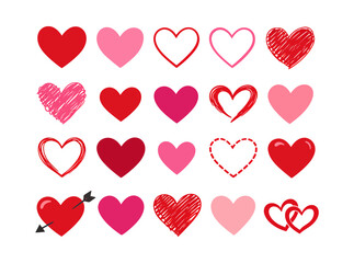Hand drawn and line art heart icons set featuring diverse red and pink styles for love and romance