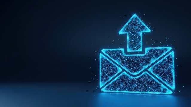Glowing blue digital envelope icon with upward arrow symbolizing sending messages and data in a futuristic communication concept