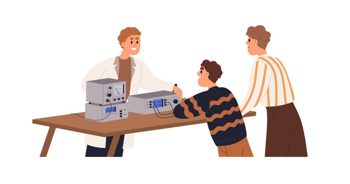 Physics, school laboratory. Teacher and boy students conducting experiment with measuring equipment on table. Learning, studying electricity. Flat vector illustration isolated on white background