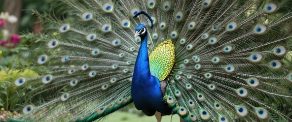 Fototapeta premium A peacocks regal display of plumage iridescent beauty in full bloom