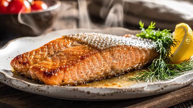Close up of cooked salmon fillet with herbs on plate