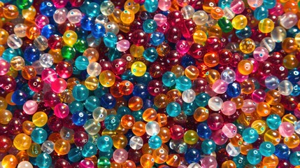 Fototapeta premium Bright beads of various shapes and colors, laid out on a flat surface. A close-up shot.