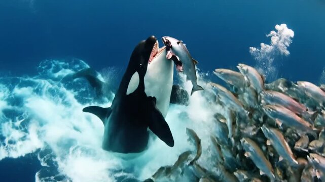 Killer Whales Hunting School of Fish in Ocean - A Dynamic Underwater Display of Marine Predators