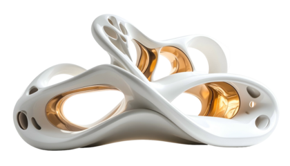 Sculptural, abstract form with glossy white exterior and inner gold elements