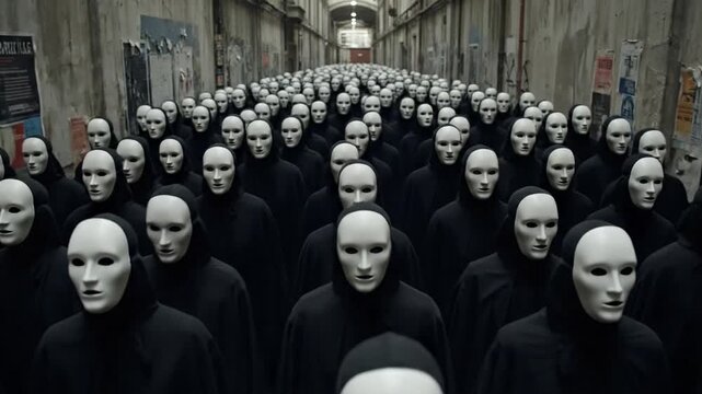 Anonymous Crowd of Masked Figures Walking in Tight Formation
