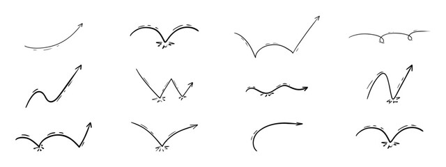 Bounce jump line, arrow. Squiggly comic trajectory movement. Set motion thin line free hand sketch drawing. Curve directions manga effect © Alyona