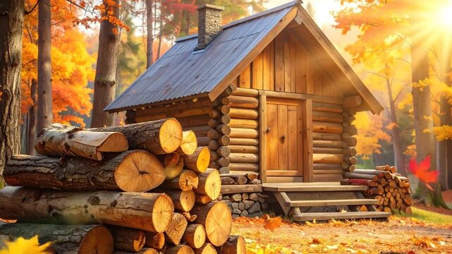 A cozy log cabin nestled amidst vibrant autumn foliage, with a stack of wood