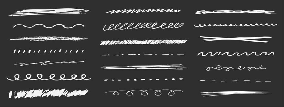 Underline chalk lines and squiggles set, hand drawn doodle sketch underlines thick line border, swoosh. Textured sketchy crayon brush scribbles or wavy strokes