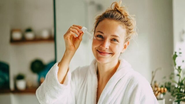 Happy woman at home applying facial serum from dropper representing daily beauty routine self care mindfulness and calm morning wellness ritual