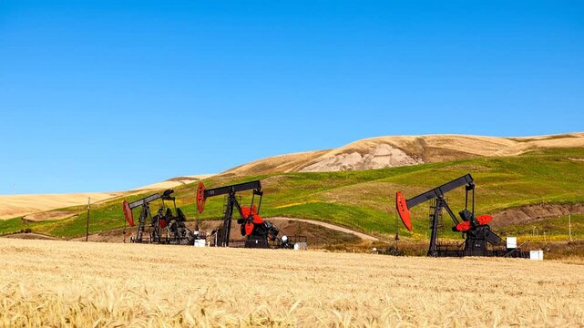 Three pump jacks amidst golden wheat, with rolling hills under a vibrant blue sky