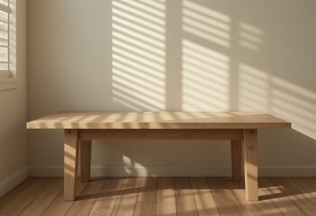 Fototapeta premium Wooden bench interior sunlit minimalist room with natural light