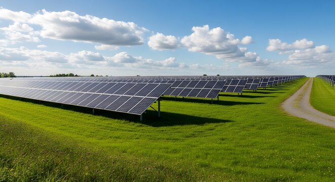 Large solar farm with multiple rows of photovoltaic panels in green field