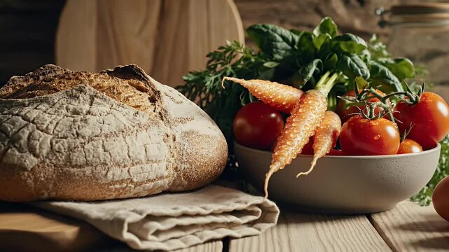 Freshly baked bread and vegetables on wooden table