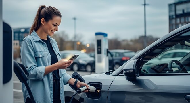 Smiling woman charging electric car at charging station looking at phone