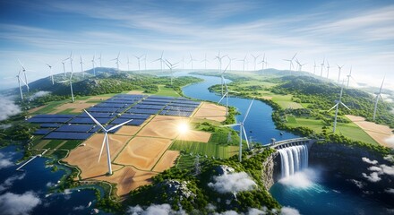 Sustainable energy landscape with solar panels wind turbines and hydroelectric dam