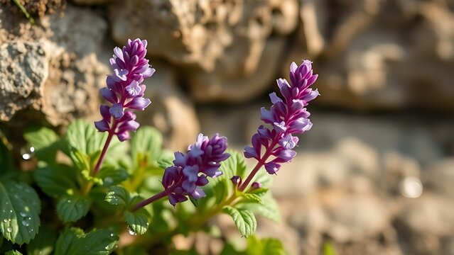 hyssop. Purple hyssop flowers growing from limestone cracks with morning dew. gardening catalogs, home-decor guides, designed for gardening and botanical catalogs.
