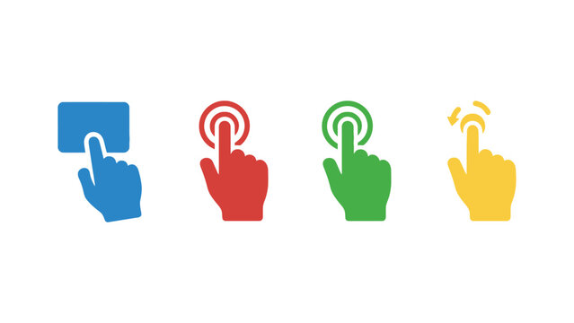 A colorful set of hand icons interacting with digital interfaces