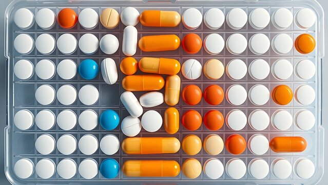 dimer. Pill organizer with tablets in sequence, clinical top view, geometric arrangement. STEM education sheets, lab safety posters, designed for biotech research communications.