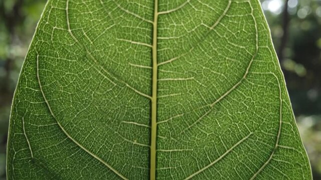 A detailed close-up of a vibrant green leaf, showcasing intricate vein patterns