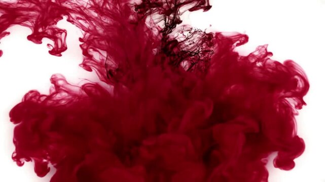 An artistic red watercolor ink splash and paint brush texture design features a grunge liquid pattern on a white wallpaper background as a symbolic blood or love illustration