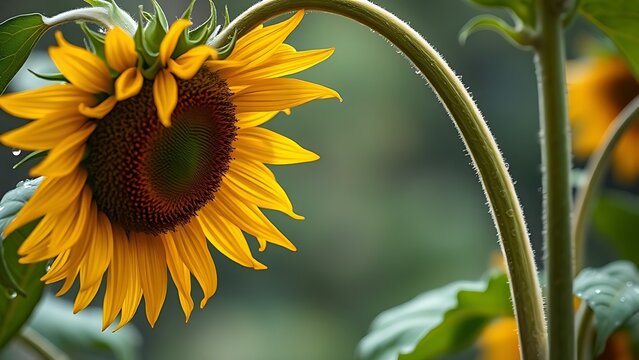 laurate. Sunflower drooping after a storm with rain droplets on its petals. gardening catalogs, home-decor guides, designed for home decor and floral branding, celebrates nature.