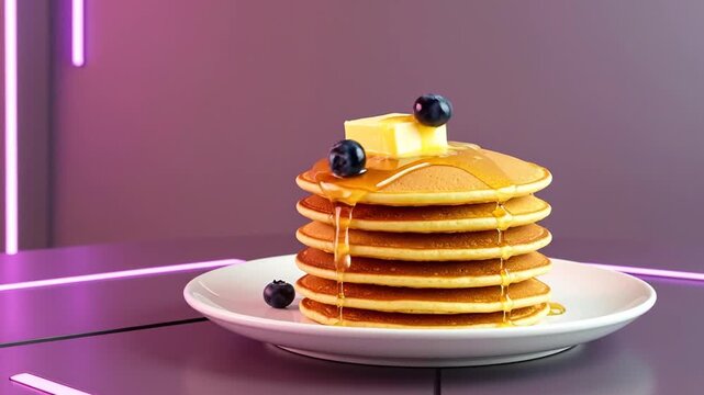 A stack of pancakes, topped with butter and a blueberry, and drizzled with syrup, on a white plate