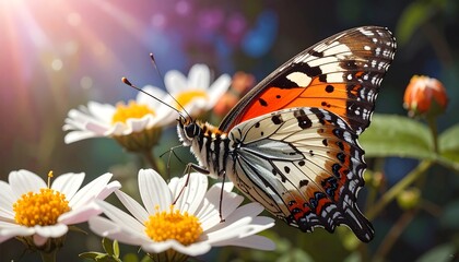 Close-up of a vibrant butterfly perched on white daisies with yellow centers, bathed in sunlight, set against a blurred floral background