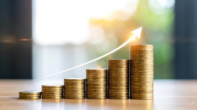Stacks of coins arranged in ascending order with an upward arrow symbolizing financial growth