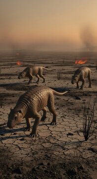 Three lystrosaurus walking on cracked dry earth with fires and smoke in the background. Concept of mass extinction and prehistoric life.