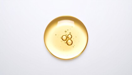 白背景に浮かぶ高級感のあるゴールドオイルのドロップ・美容液成分の3D背景素材