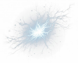 Vibrant blue and white electrical discharges illuminating a dark void, showcasing powerful energy bursts with intricate lightning tendrils and scattered glowing particles.