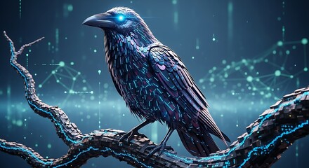 Fototapeta premium Futuristic digital raven perched on a branch with neon blue glow.