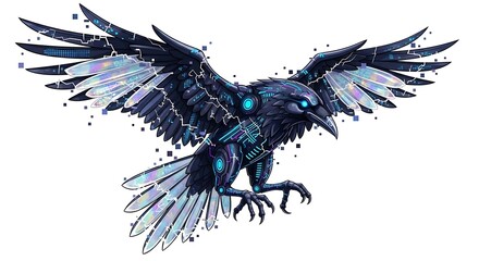 Obraz premium Striking digital illustration of a cybernetic raven with glowing blue accents and iridescent wings in dynamic flight.