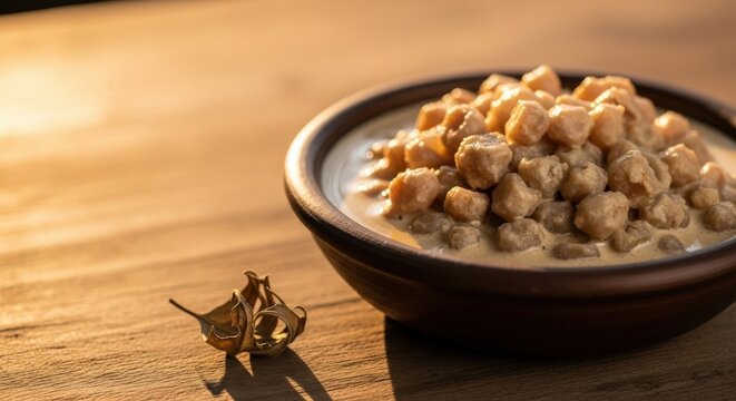 Rustic Tannia Stew in Clay Bowl on Raw Wood with Large Warm Negative Space for Text
