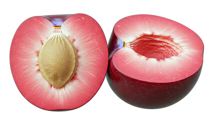 Plum cut in half showing flesh, pit and outer skin detail