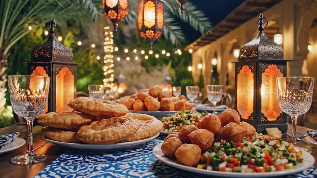 Beautifully set table with a delicious Iftar meal, decorated with lanterns and string lights during Ramadan