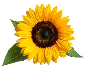 Naklejka premium Vibrant sunflower blossom with dark center and green leaves.