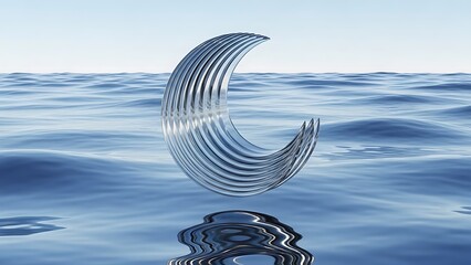 Abstract metallic ring floating over blue water.