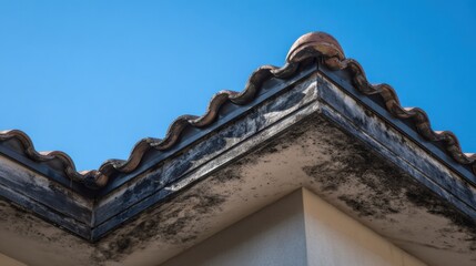 Obraz premium Roof edge with tiles showing signs of wear and dirt under a blue sky during daytime
