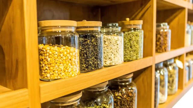 Various spices and grains are stored in glass jars with wooden lids on a wooden shelf