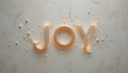 Embossed word JOY on marbled surface with glowing light and floating particles, representing happiness and celebration.