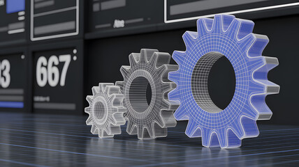 Two interlocking gears with blue and silver mesh on a dark background with screens